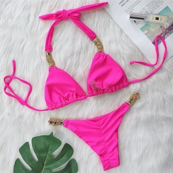 Callie Bling: Multi-colored Crystal Rhinestone Hot Pink Triangle Bikini - Picture 5 of 5